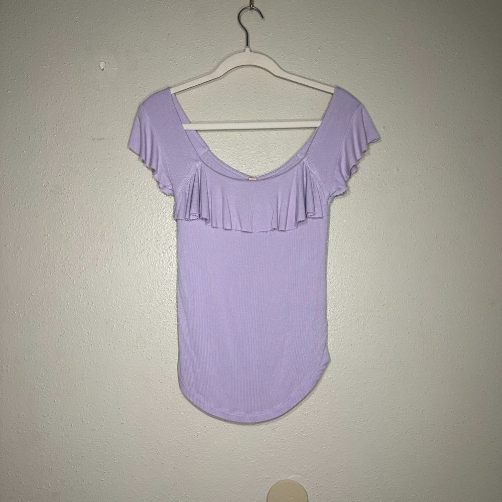 Free People Last Call Ribbed Ruffle Square Neck Flounce Top